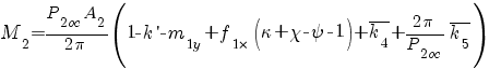 M_2 = {P_{2oc} A_2}/{2 pi} (1 - k prime - m_{1y} + f_{1*}(kappa + chi - psi - 1) + overline{k_4} + {2 pi }/{P_{2oc}}overline{k_5} )